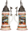 Two Regimental steins, .5L, 12.6" ht., porcelain, 4. Comp.,&nbsp;Pionier Bat. Nr. 16, Metz, 1906 - 1908, four side scenes, roster, eagle thumblift, named to: Reservist Prz&yuml;b&yuml;la, small lithophane lines, missing small piece of pewter from anchor on finial; with, - 2