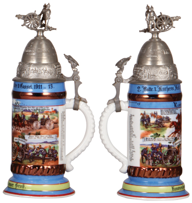 Two Regimental steins, .5L, 12.6" ht., porcelain, 4. Comp., Pionier Bat. Nr. 16, Metz, 1906 - 1908, four side scenes, roster, eagle thumblift, named to: Reservist Przÿbÿla, small lithophane lines, missing small piece of pewter from anchor on finial; with, - 3