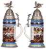 Two Regimental steins, .5L, 12.6" ht., porcelain, 4. Comp.,&nbsp;Pionier Bat. Nr. 16, Metz, 1906 - 1908, four side scenes, roster, eagle thumblift, named to: Reservist Prz&yuml;b&yuml;la, small lithophane lines, missing small piece of pewter from anchor on finial; with, - 3