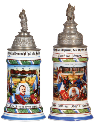 Two Regimental steins, .5L, 11.0" ht., porcelain, 10. Comp., bayr. Inft. Regt Nr. 4, Metz, 1903 -1905, four side scenes, roster, lion thumblift, named to: Res. Zimmermann, finial bent, lithophane lines; with,&nbsp;5L, 11.5" ht., porcelain, 6. Comp., bayr. Inft