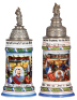 Two Regimental steins, .5L, 11.0" ht., porcelain, 10. Comp., bayr. Inft. Regt Nr. 4, Metz, 1903 -1905, four side scenes, roster, lion thumblift, named to: Res. Zimmermann, finial bent, lithophane lines; with,&nbsp;5L, 11.5" ht., porcelain, 6. Comp., bayr. Inft