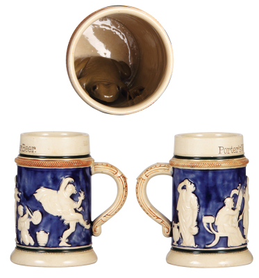 Two pottery steins, .5L, relief, 1431, Porter's Wiener Beer, figural frog in interior, mint; with, .5L relief, Compliments E. Porter Brewing Co. Joliet, figural lid, pewter strap soldered. - 2