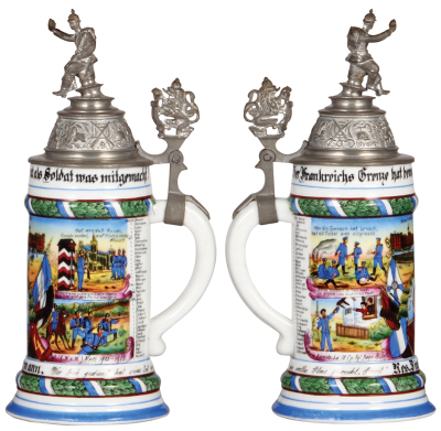 Two Regimental steins, .5L, 11.0" ht., porcelain, 10. Comp., bayr. Inft. Regt Nr. 4, Metz, 1903 -1905, four side scenes, roster, lion thumblift, named to: Res. Zimmermann, finial bent, lithophane lines; with, 5L, 11.5" ht., porcelain, 6. Comp., bayr. Inft - 2