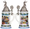 Two Regimental steins, .5L, 11.0" ht., porcelain, 10. Comp., bayr. Inft. Regt Nr. 4, Metz, 1903 -1905, four side scenes, roster, lion thumblift, named to: Res. Zimmermann, finial bent, lithophane lines; with,&nbsp;5L, 11.5" ht., porcelain, 6. Comp., bayr. Inft - 2