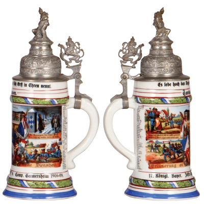 Two Regimental steins, .5L, 11.0" ht., porcelain, 10. Comp., bayr. Inft. Regt Nr. 4, Metz, 1903 -1905, four side scenes, roster, lion thumblift, named to: Res. Zimmermann, finial bent, lithophane lines; with, 5L, 11.5" ht., porcelain, 6. Comp., bayr. Inft - 3