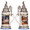 Two Regimental steins, .5L, 11.0" ht., porcelain, 10. Comp., bayr. Inft. Regt Nr. 4, Metz, 1903 -1905, four side scenes, roster, lion thumblift, named to: Res. Zimmermann, finial bent, lithophane lines; with,&nbsp;5L, 11.5" ht., porcelain, 6. Comp., bayr. Inft - 3