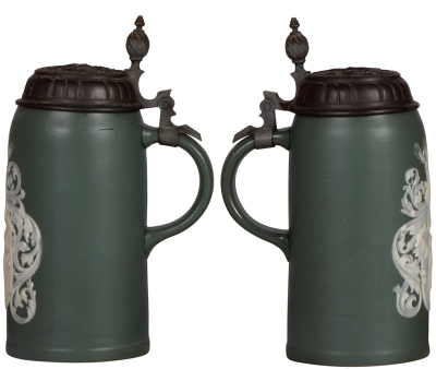 Mettlach stein, 1.0L, 2949, cameo, Munich, by Stahl, pewter lid, small glaze flaw inside at top rim, otherwise mint. - 2