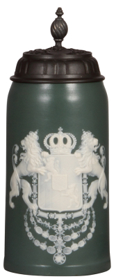Mettlach stein, 1.0L, 2950, cameo, Bavaria, by Stahl, pewter lid, mint.