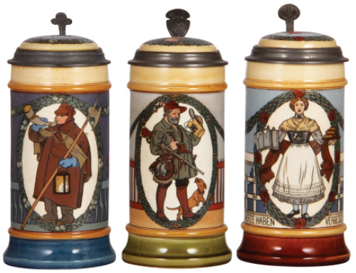Three Mettlach steins, 1.0L, 2937, & 1.0L, 2938, & 1.0L, 2939, etched, by Quidenus, inlaid lids, all&nbsp;mint.