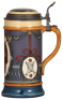 Three Mettlach steins, 1.0L, 2937, & 1.0L, 2938, & 1.0L, 2939, etched, by Quidenus, inlaid lids, all&nbsp;mint. - 2