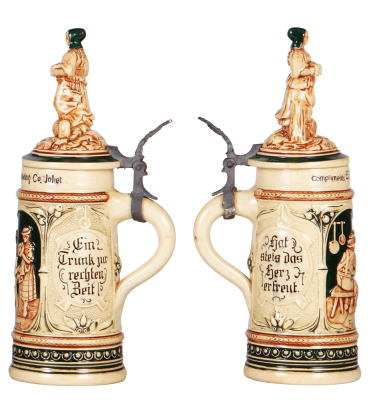 Two pottery steins, .5L, relief, 1431, Porter's Wiener Beer, figural frog in interior, mint; with, .5L relief, Compliments E. Porter Brewing Co. Joliet, figural lid, pewter strap soldered. - 3