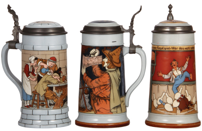 Three Mettlach steins, 1.0L, 2880, & 1.0L, 2922, & 1.0L, 2959, etched, inlaid lids, all mint.