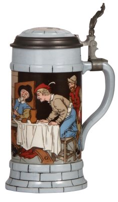 Three Mettlach steins, 1.0L, 2880, & 1.0L, 2922, & 1.0L, 2959, etched, inlaid lids, all mint. - 2