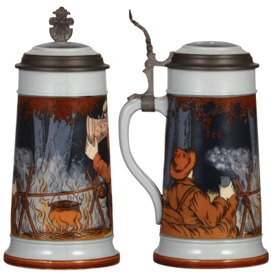 Three Mettlach steins, 1.0L, 2880, & 1.0L, 2922, & 1.0L, 2959, etched, inlaid lids, all mint. - 3