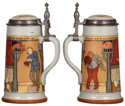 Three Mettlach steins, 1.0L, 2880, & 1.0L, 2922, & 1.0L, 2959, etched, inlaid lids, all mint. - 4