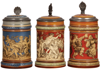 Three Mettlach steins, .3L, 2025, .3L, 2035 & .3L, 2057, etched, inlaid lids, all mint.