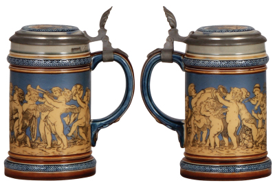 Three Mettlach steins, .3L, 2025, .3L, 2035 & .3L, 2057, etched, inlaid lids, all mint. - 2