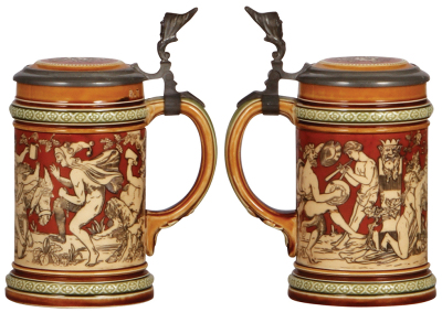 Three Mettlach steins, .3L, 2025, .3L, 2035 & .3L, 2057, etched, inlaid lids, all mint. - 3