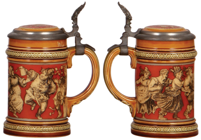 Three Mettlach steins, .3L, 2025, .3L, 2035 & .3L, 2057, etched, inlaid lids, all mint. - 4