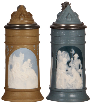 Two Mettlach steins, .5L, 2479 & 2652, cameo, Hildebrand & Rodenstein, by Stahl, inlaid lids, both mint.