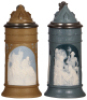 Two Mettlach steins, .5L, 2479 & 2652, cameo, Hildebrand & Rodenstein, by Stahl, inlaid lids, both mint.