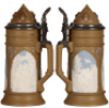 Two Mettlach steins, .5L, 2479 & 2652, cameo, Hildebrand & Rodenstein, by Stahl, inlaid lids, both mint. - 2