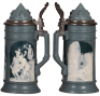 Two Mettlach steins, .5L, 2479 & 2652, cameo, Hildebrand & Rodenstein, by Stahl, inlaid lids, both mint. - 3