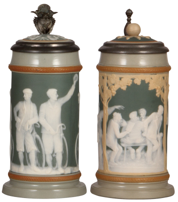 Two Mettlach steins, .5L, 2627 & 2628, cameo, by Stahl, inlaid lids, both mint.