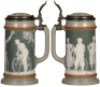 Two Mettlach steins, .5L, 2627 & 2628, cameo, by Stahl, inlaid lids, both mint. - 2