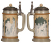 Two Mettlach steins, .5L, 2627 & 2628, cameo, by Stahl, inlaid lids, both mint. - 3