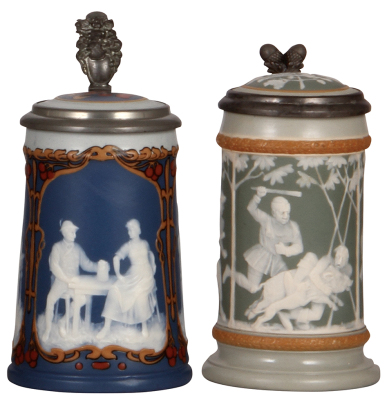 Two Mettlach steins, .5L, 2714 & .3L 2530, cameo, by Stahl, inlaid lids, both mint.