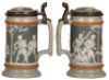 Two Mettlach steins, .5L, 2714 & .3L 2530, cameo, by Stahl, inlaid lids, both mint. - 3
