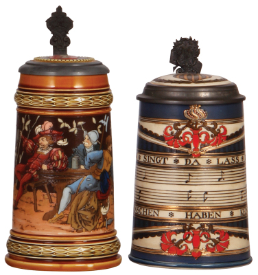 Two Mettlach steins, .5L, 1527, etched, by C. Warth, inlaid lid, mint; with, .5L, 2097, etched, inlaid lid, mint.