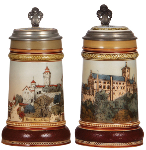 Two Mettlach steins, .5L, 2277, etched, N&uuml;rnberg scene, inlaid lid, mint; with,&nbsp;.5L, 2403, etched, Wartburg scene, inlaid lid, mint.