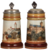Two Mettlach steins, .5L, 2277, etched, N&uuml;rnberg scene, inlaid lid, mint; with,&nbsp;.5L, 2403, etched, Wartburg scene, inlaid lid, mint.