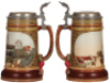 Two Mettlach steins, .5L, 2277, etched, N&uuml;rnberg scene, inlaid lid, mint; with,&nbsp;.5L, 2403, etched, Wartburg scene, inlaid lid, mint. - 2