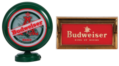 Two Anheuser-Busch items, table top lamp, 11.0" x 9.0", mixed materials, wall sign 11.0" x 5.7", Budweiser, King of Beers, mixed materials, both in good used condition.
