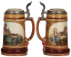 Two Mettlach steins, .5L, 2277, etched, N&uuml;rnberg scene, inlaid lid, mint; with,&nbsp;.5L, 2403, etched, Wartburg scene, inlaid lid, mint. - 3
