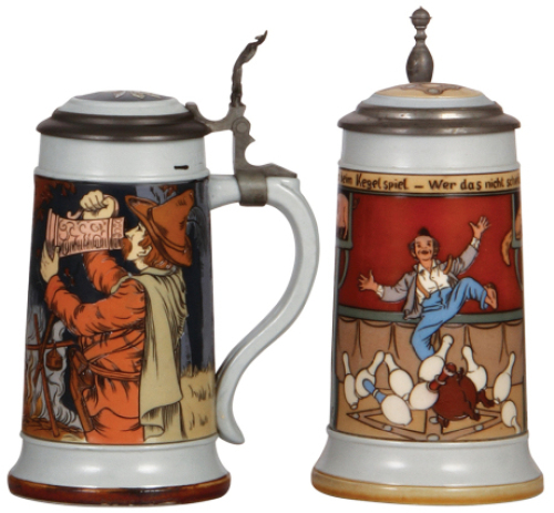 Two Mettlach steins, .5L, 2922, etched, inlaid lid, mint; with, .5L, 2959, etched, inlaid lid.