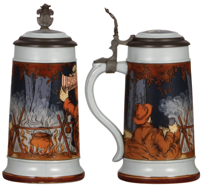 Two Mettlach steins, .5L, 2922, etched, inlaid lid, mint; with, .5L, 2959, etched, inlaid lid. - 2