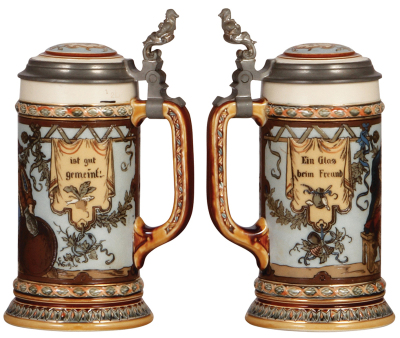 Two Mettlach steins, .5L, 1932, etched, inlaid lid, mint; with, .5L, 2002, etched, inlaid lid, mint. - 2