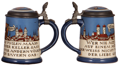 Two Mettlach steins, .5L, 1932, etched, inlaid lid, mint; with, .5L, 2002, etched, inlaid lid, mint. - 3