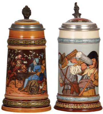 Two Mettlach steins, 1.0L, 1527, by Warth, & 1.0L, 2639, etched, inlaid lids, both mint.