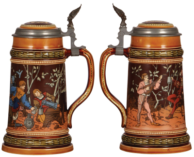 Two Mettlach steins, 1.0L, 1527, by Warth, & 1.0L, 2639, etched, inlaid lids, both mint. - 2