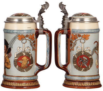 Two Mettlach steins, 1.0L, 1527, by Warth, & 1.0L, 2639, etched, inlaid lids, both mint. - 3