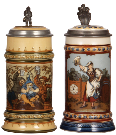 Two Mettlach steins, 1.0L, 1053, & 1.0L, 2235, etched, inlaid lids, both mint.