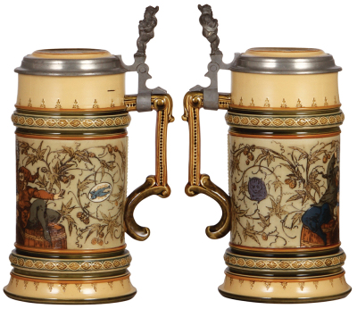 Two Mettlach steins, 1.0L, 1053, & 1.0L, 2235, etched, inlaid lids, both mint. - 2