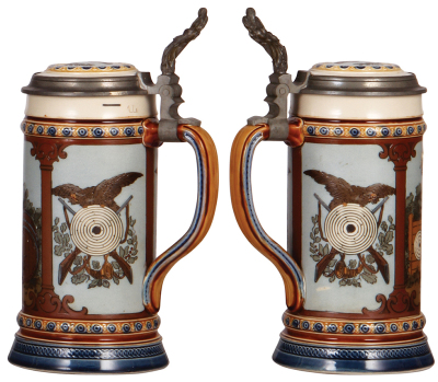 Two Mettlach steins, 1.0L, 1053, & 1.0L, 2235, etched, inlaid lids, both mint. - 3