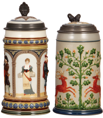 Two Mettlach steins, 1.0L, 1809, & 1.0L, 2033, decorated relief, inlaid lids, both mint.