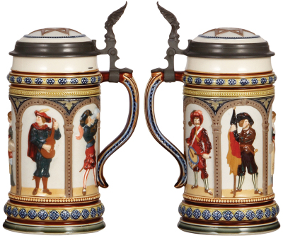 Two Mettlach steins, 1.0L, 1809, & 1.0L, 2033, decorated relief, inlaid lids, both mint. - 2